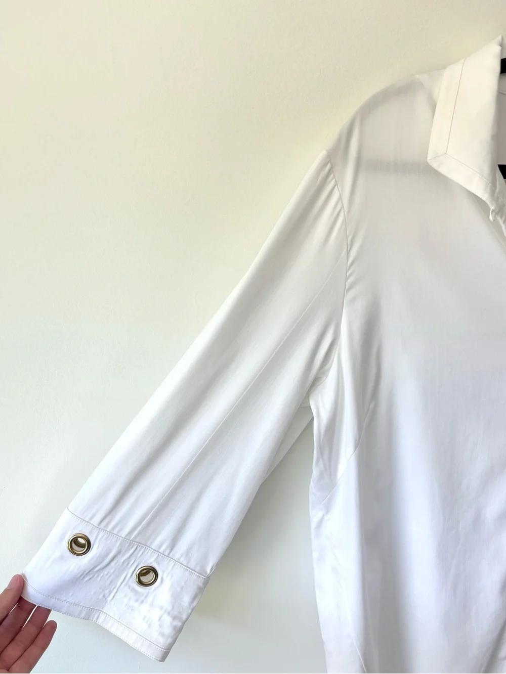 Ming Wang White Sheer Button Down Blouse Gold Grommet Eyelet Quiet Luxury